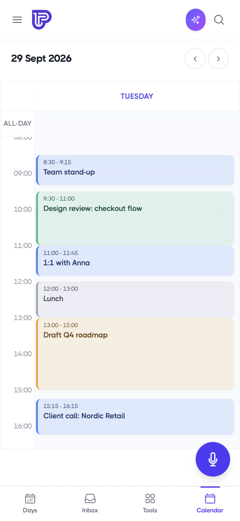 Planzer.io mobile app calendar with a time-blocked day