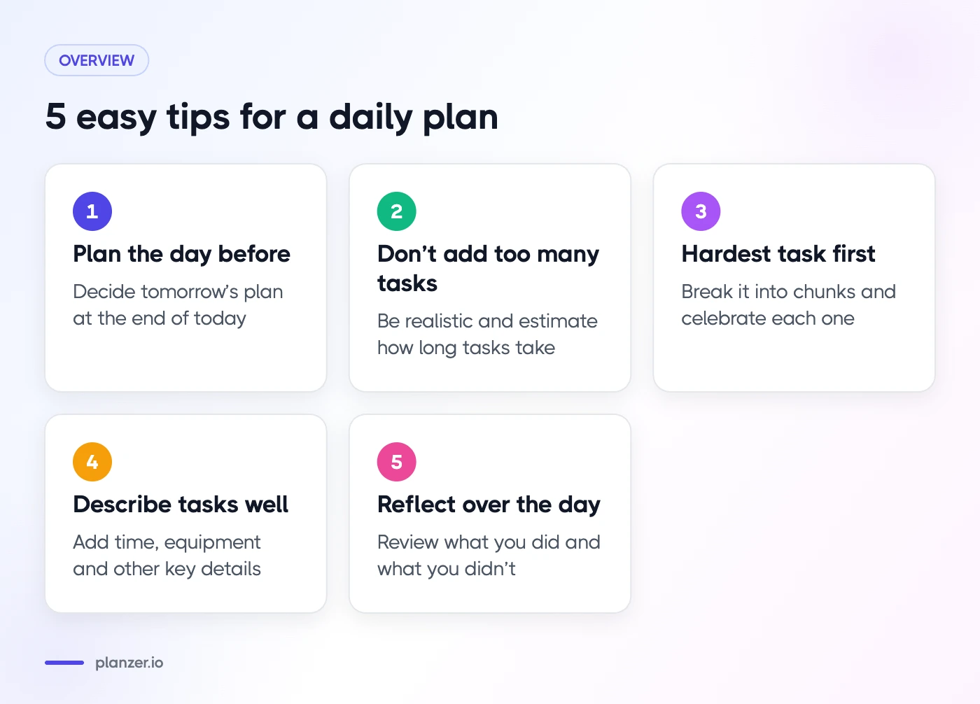 5 Easy Tips To Get Started With Making A Daily Plan Five tips for making a daily plan: plan the day before, fewer tasks, hardest first, describe tasks, reflect