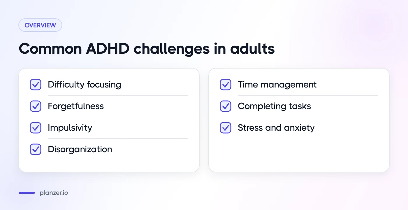 Mastering ADHD: The 6 Best Tools Built For Adults With ADHD Checklist of common challenges adults with ADHD face with organization, time and focus