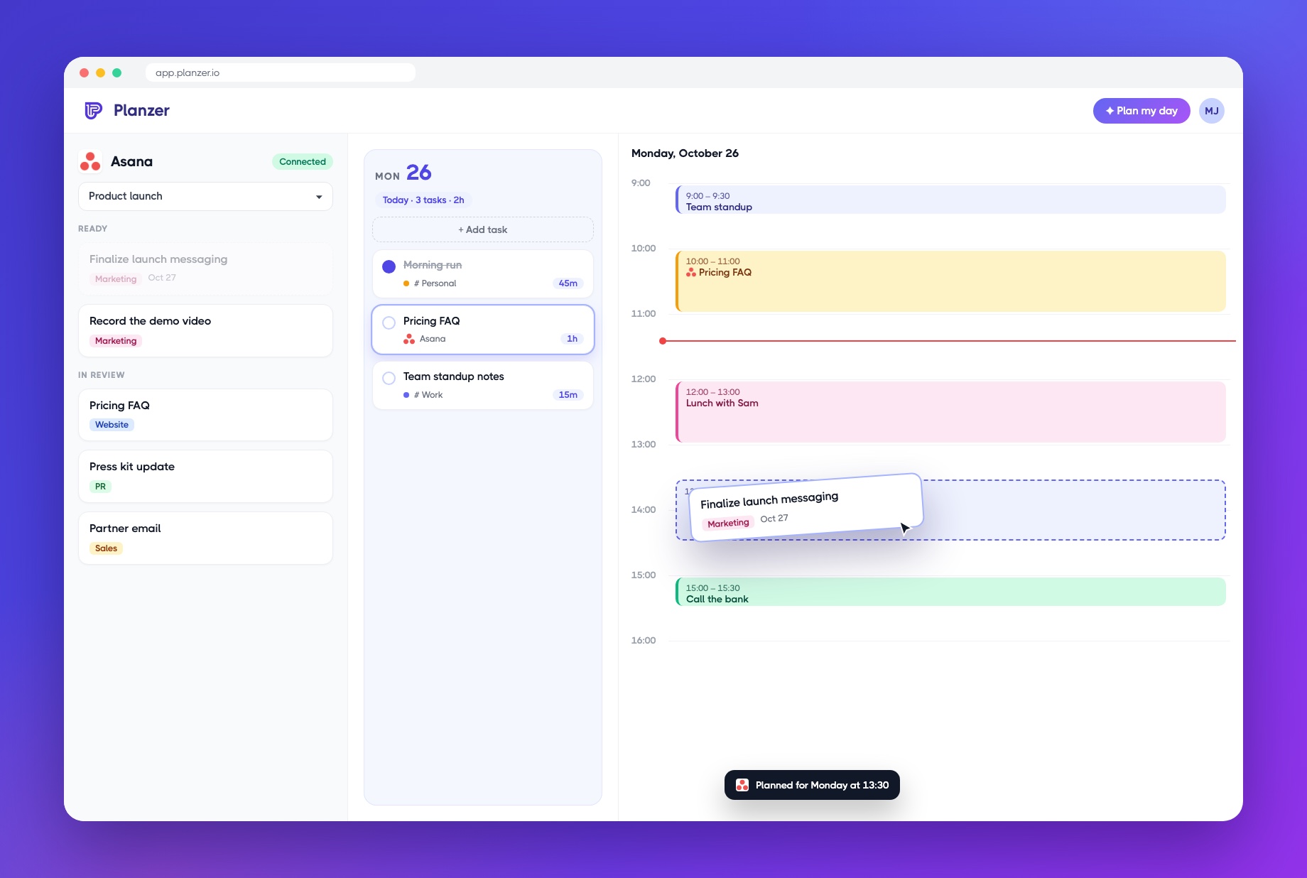 Dragging a Asana item into a time slot in Planzer