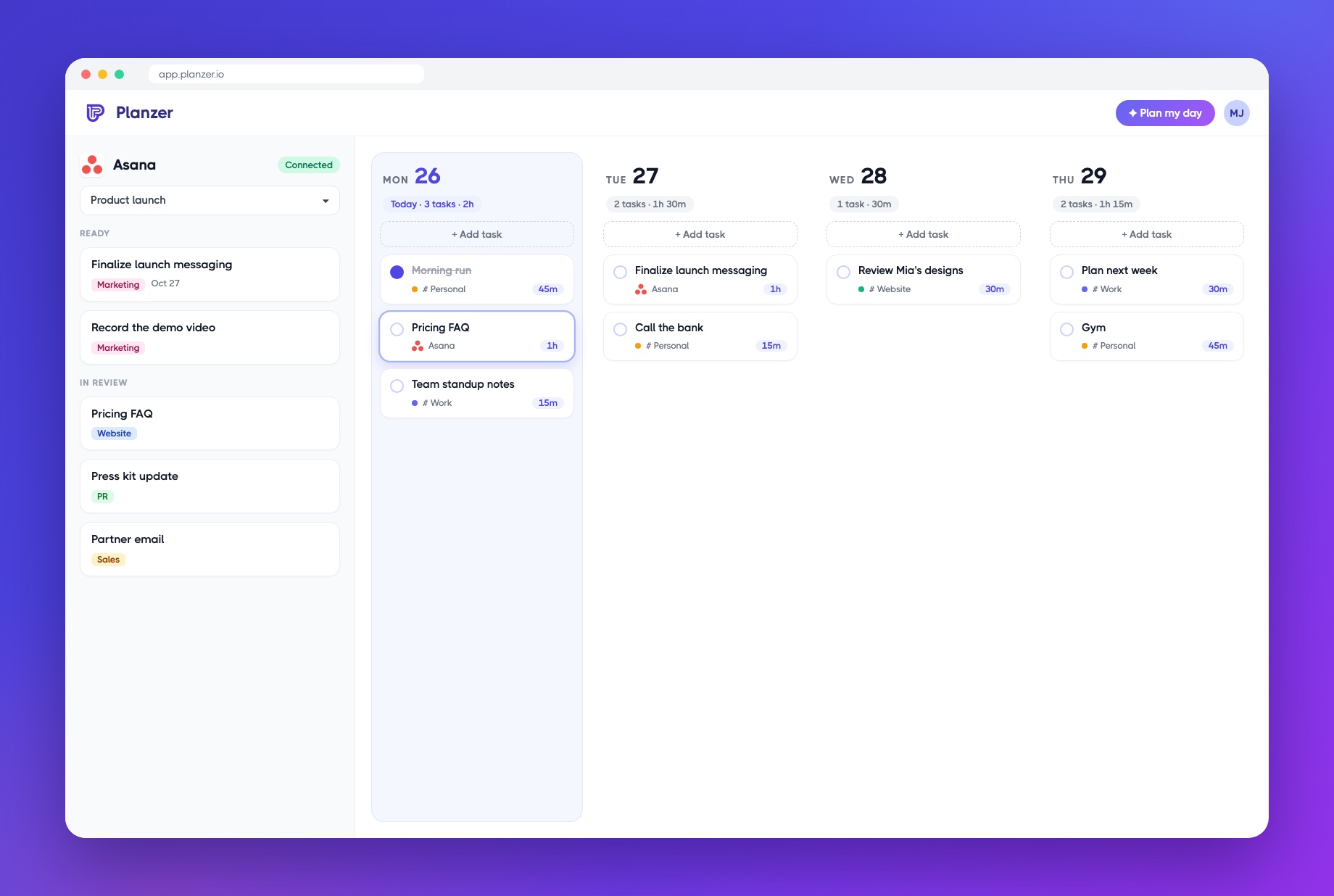Asana items next to your week in Planzer