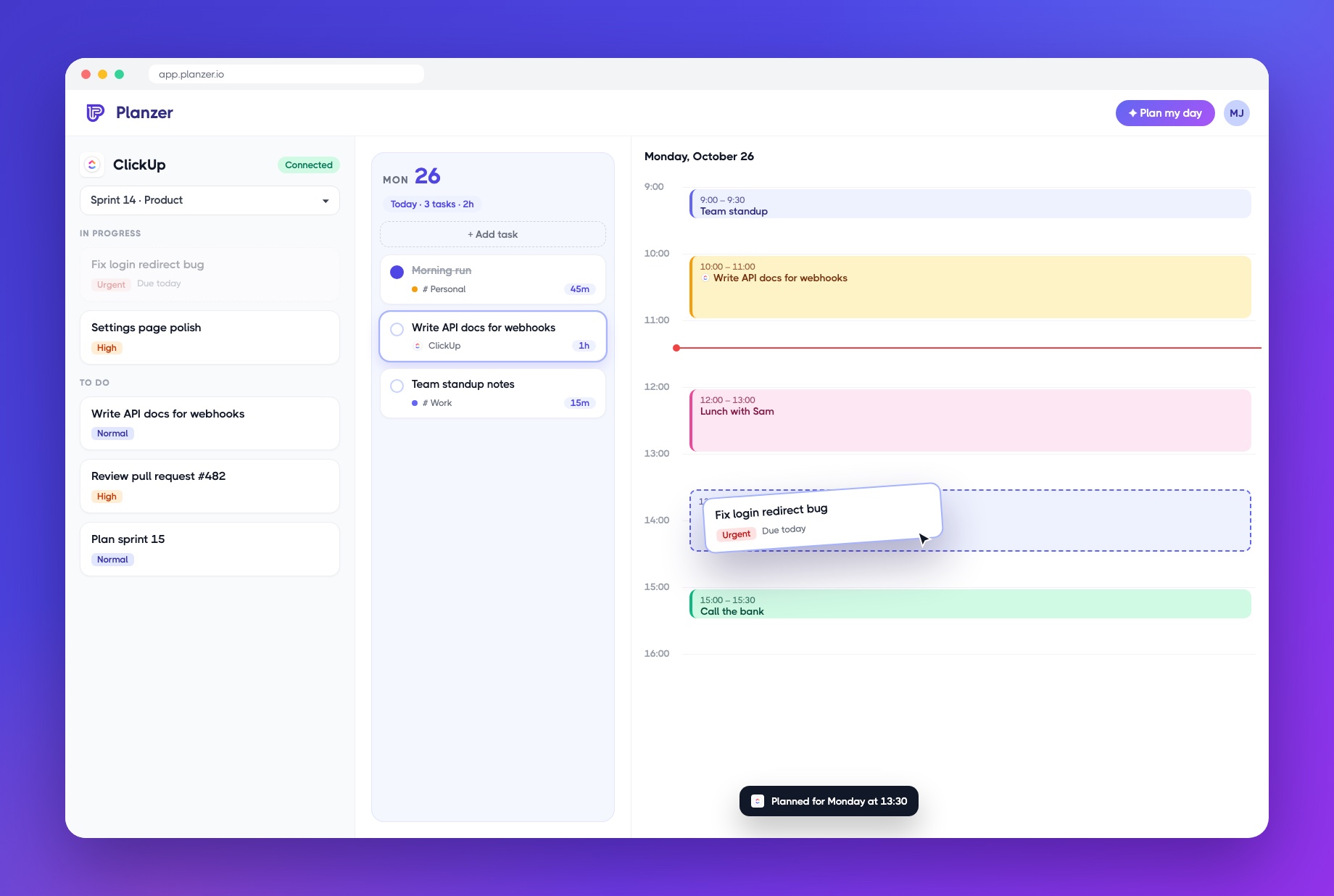 Dragging a ClickUp item into a time slot in Planzer