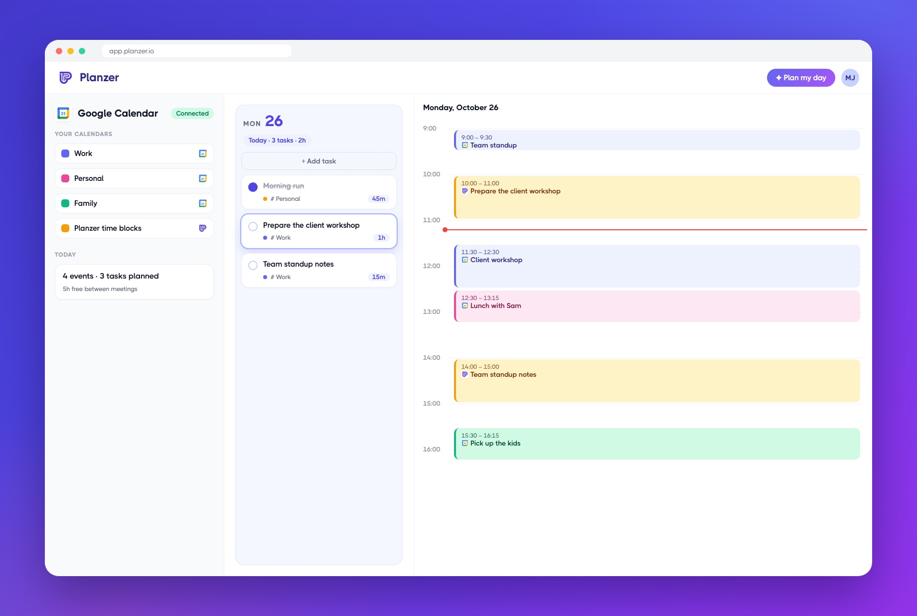 Google Calendar items next to your week in Planzer