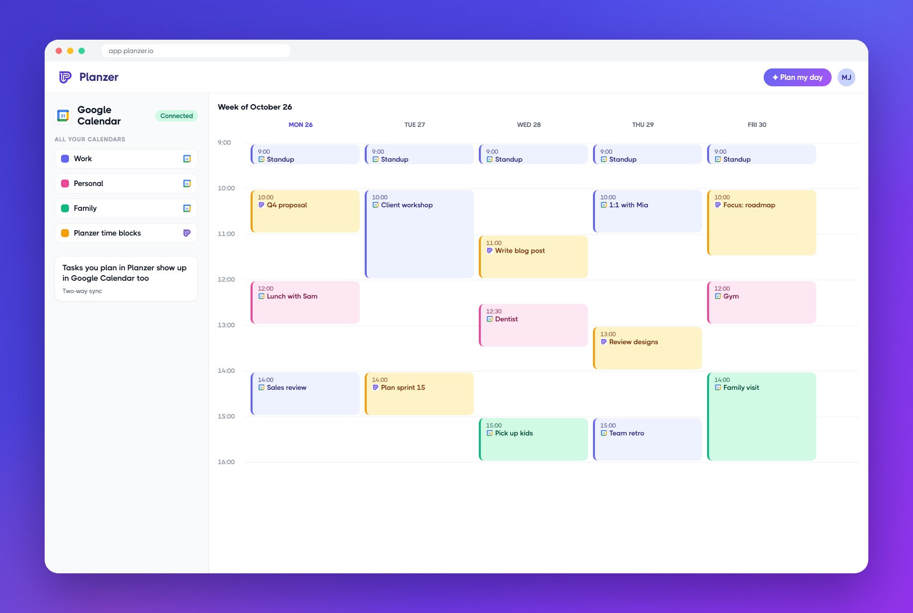 All your Google Calendar calendars in one week view in Planzer