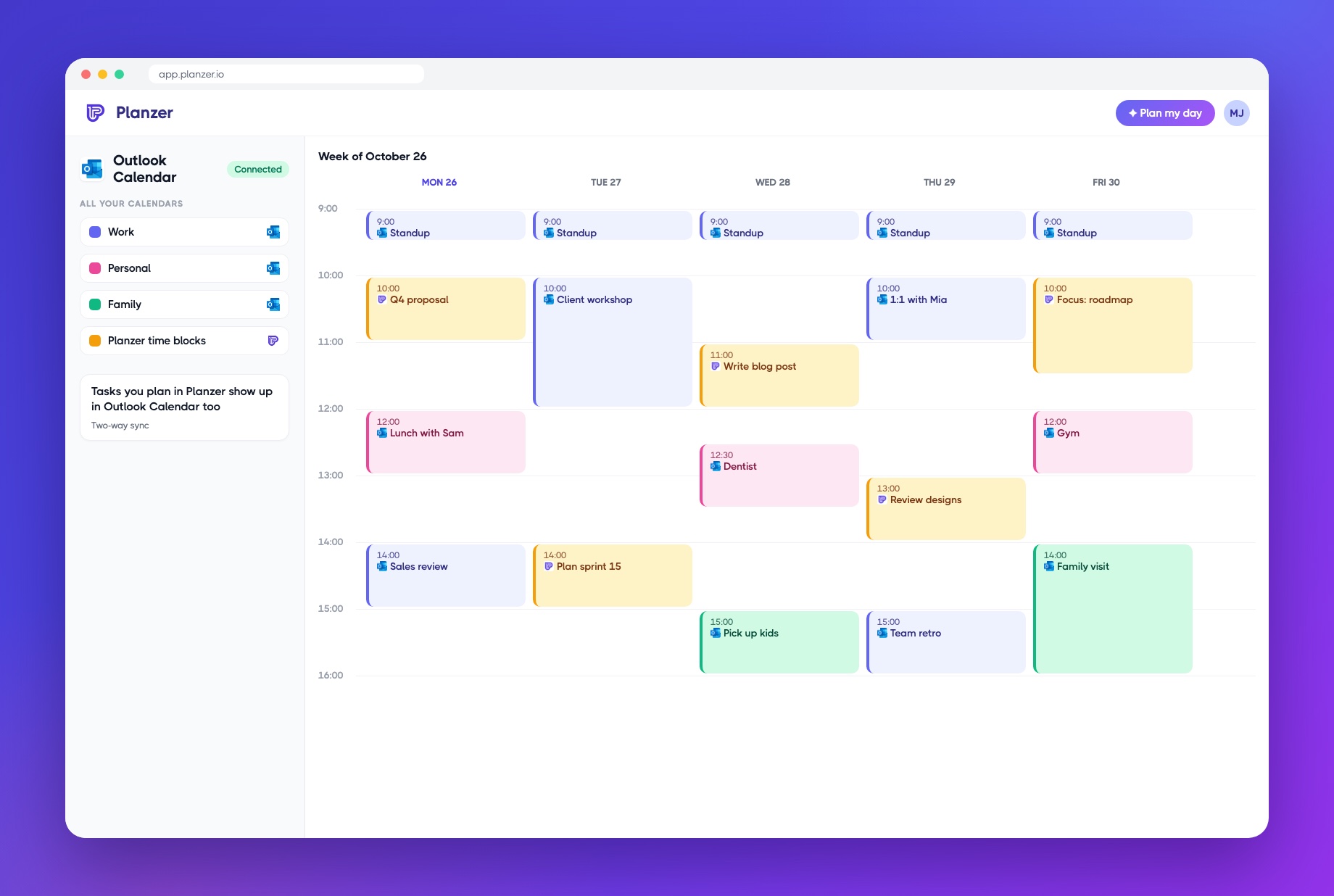 All your Outlook Calendar calendars in one week view in Planzer