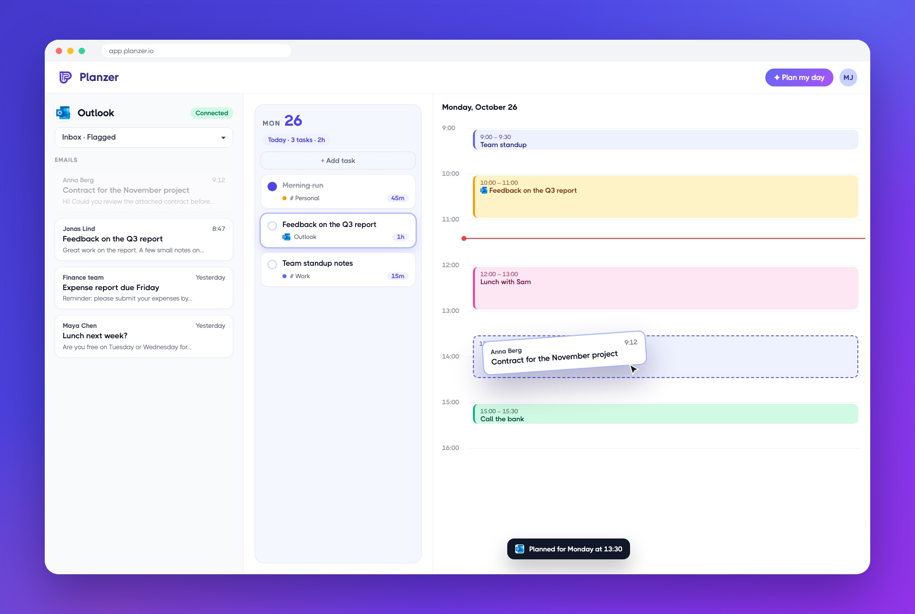Dragging a Outlook item into a time slot in Planzer
