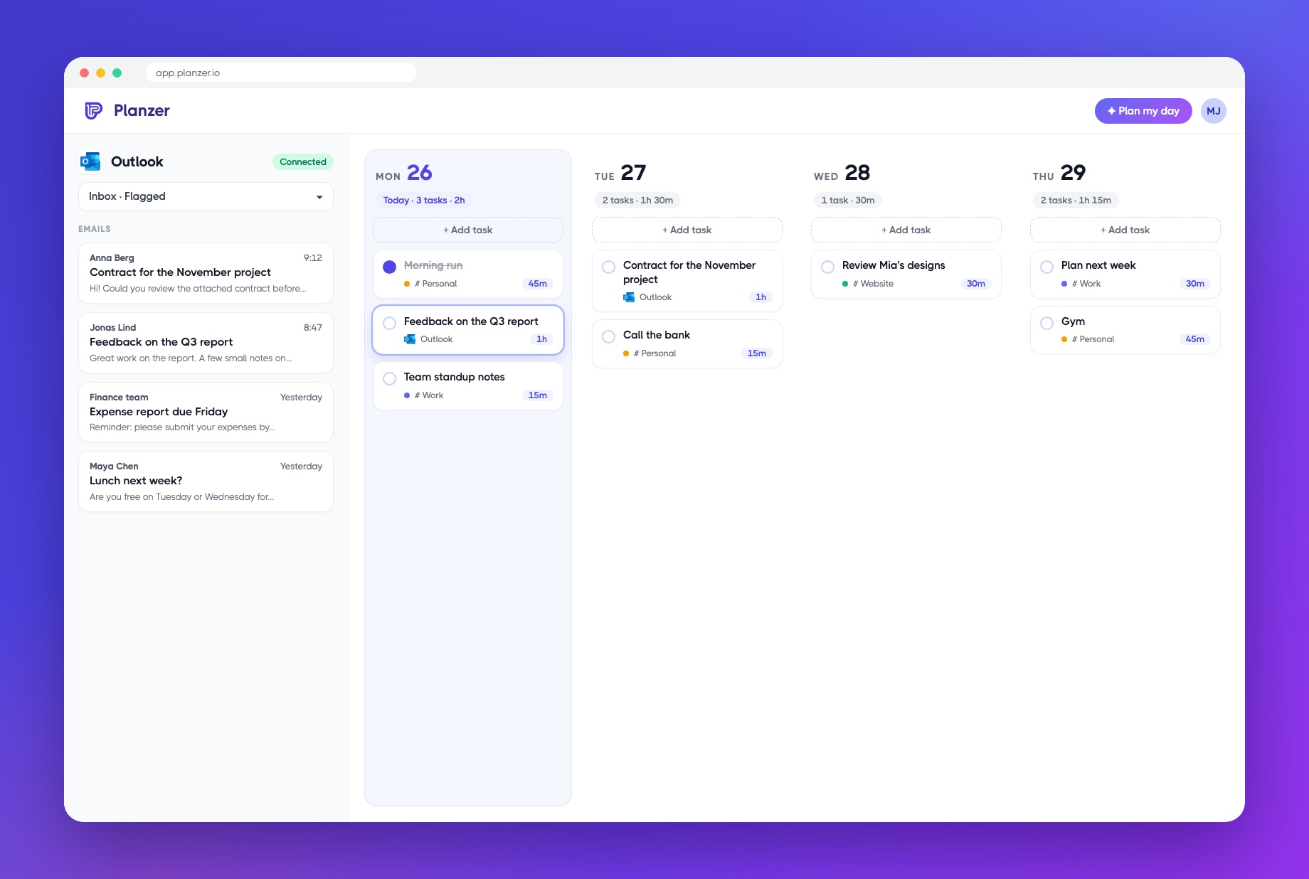Outlook items next to your week in Planzer