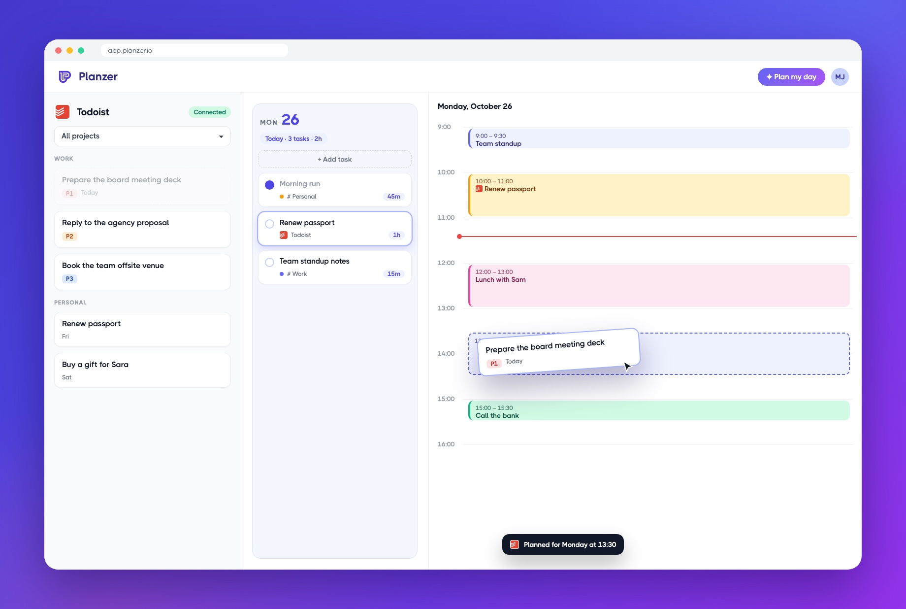 Dragging a Todoist item into a time slot in Planzer