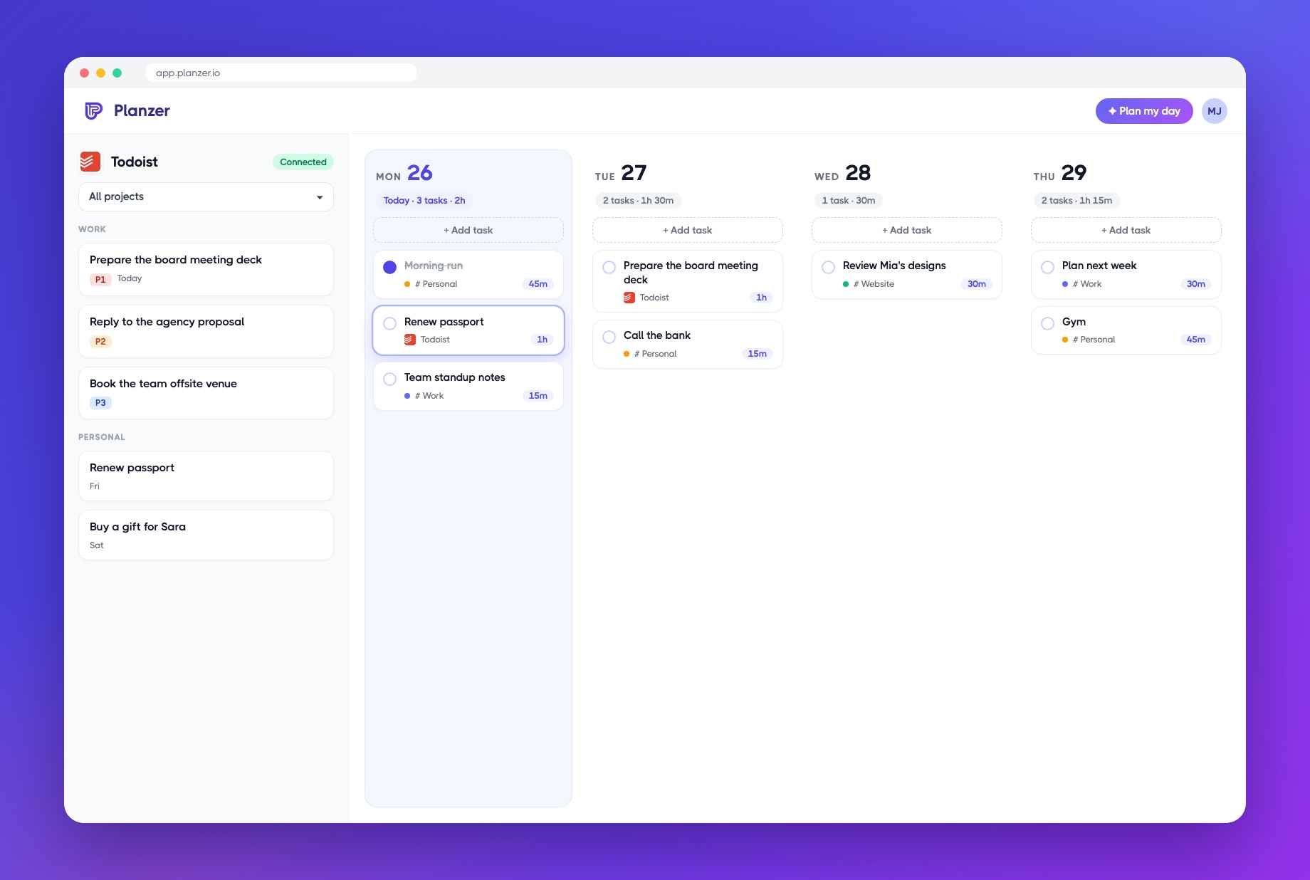 Todoist items next to your week in Planzer