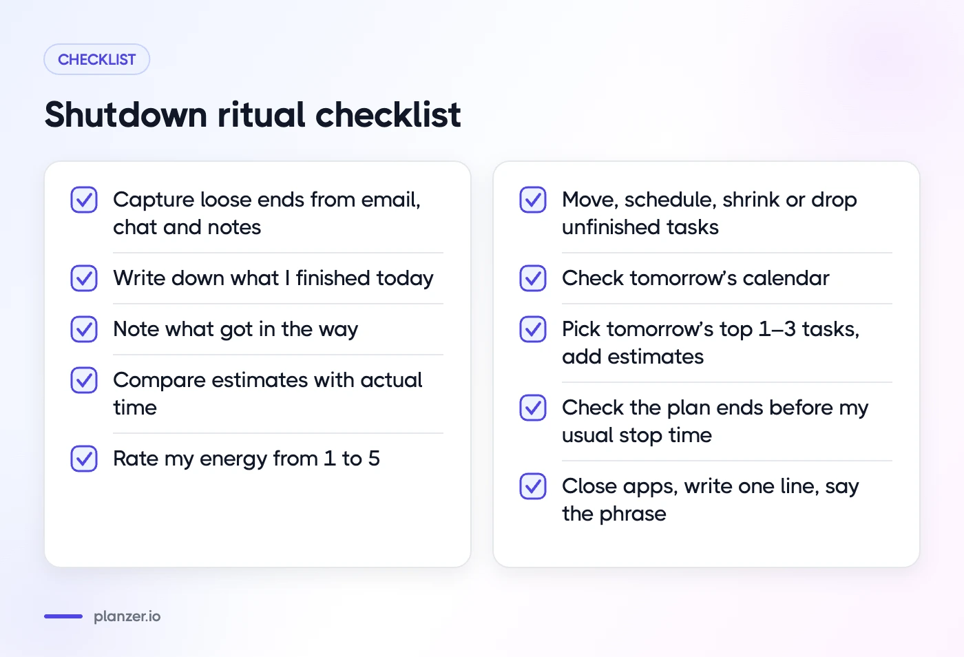 The Shutdown Ritual: How to End Your Workday Well Shutdown ritual checklist covering capture, wins, blockers, time, energy, unfinished tasks, tomorrow and close