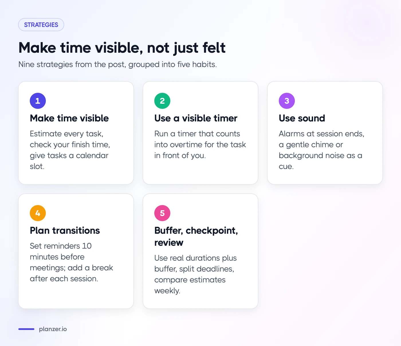 Time Blindness: What It Is and 9 Strategies That Help Five habits covering nine strategies for time blindness: visible time, timers, sound, transitions, buffers and review