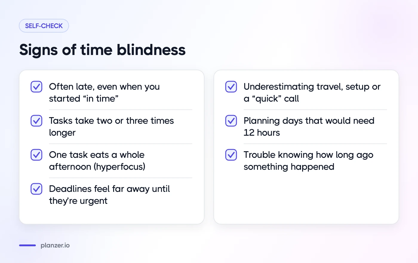 Time Blindness: What It Is and 9 Strategies That Help Checklist of seven signs of time blindness, such as often being late and deadlines feeling far away