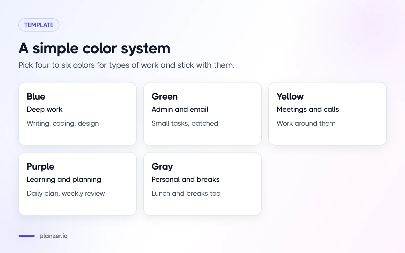 How to Time Block in Google Calendar (Step by Step) Example color system for time blocking: blue deep work, green admin, yellow meetings, purple planning, gray personal