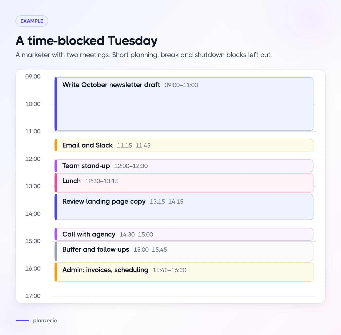 How to Time Block in Google Calendar (Step by Step) Example time-blocked Tuesday for a marketer with two meetings, with deep work in the morning and a buffer