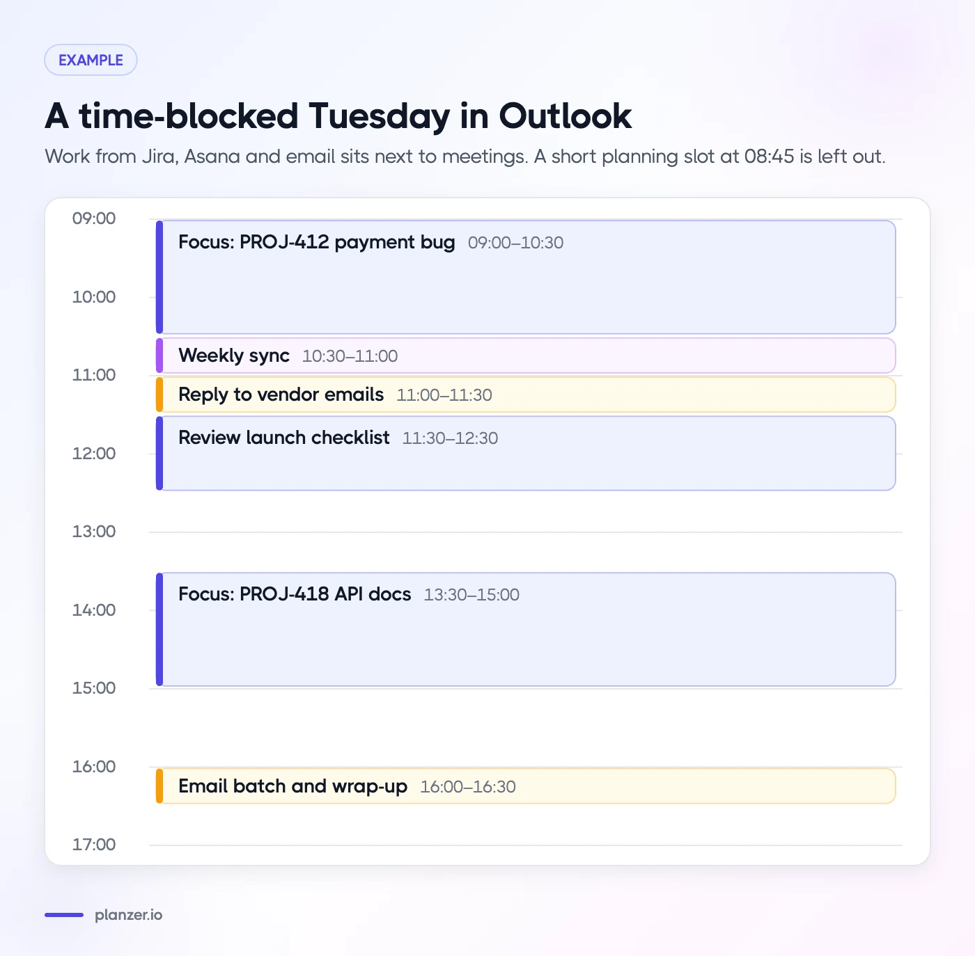 How to Time Block in Outlook Calendar Example time-blocked Tuesday in Outlook mixing Jira issues, Asana tasks, email batches and a weekly sync